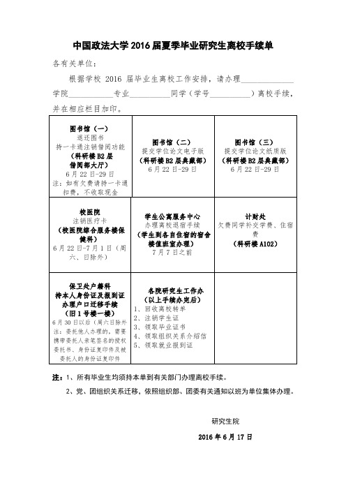 中国政法大学2016届夏季毕业研究生离校手续单