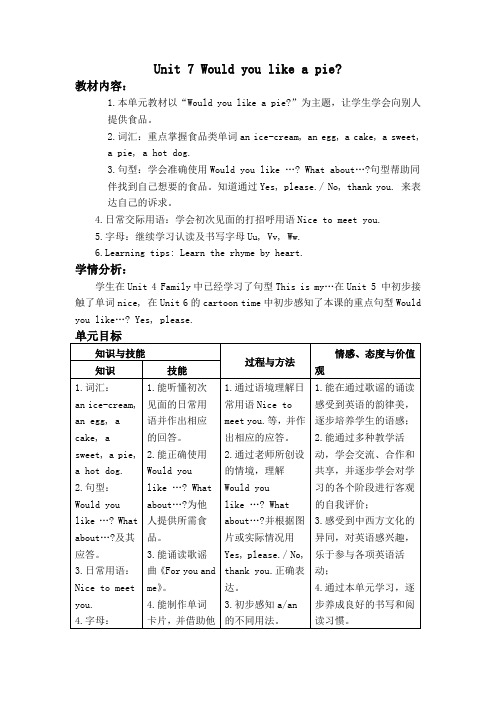 三年级英语译林版牛津上册教案Unit7 Would you like a pie