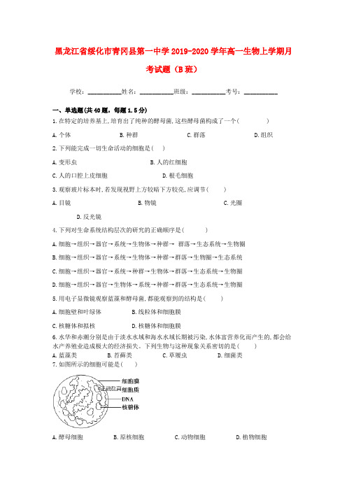 黑龙江省绥化市青冈县第一中学2019_2020学年高一生物上学期月考试题(B班)