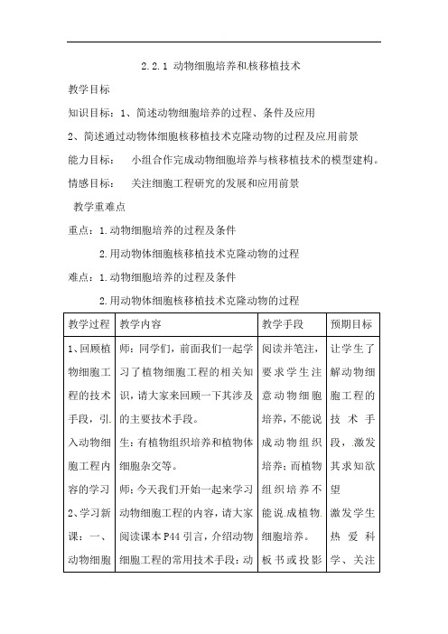 陕西省蓝田县前卫中学高中生物选修3教案：221动物细胞培养和核移植技术