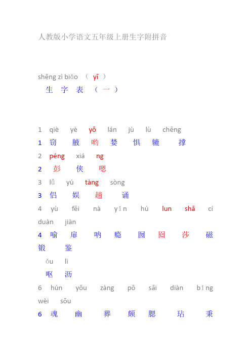 人教版小学语文五年级上册生字附拼音