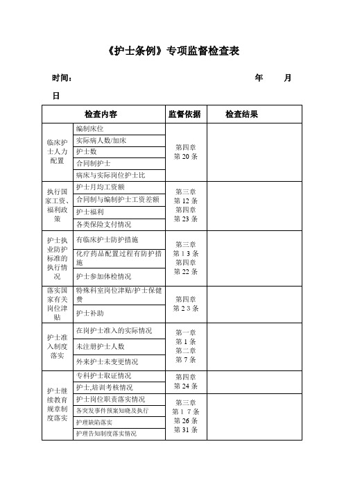 护士条例专项检查表格【范本模板】