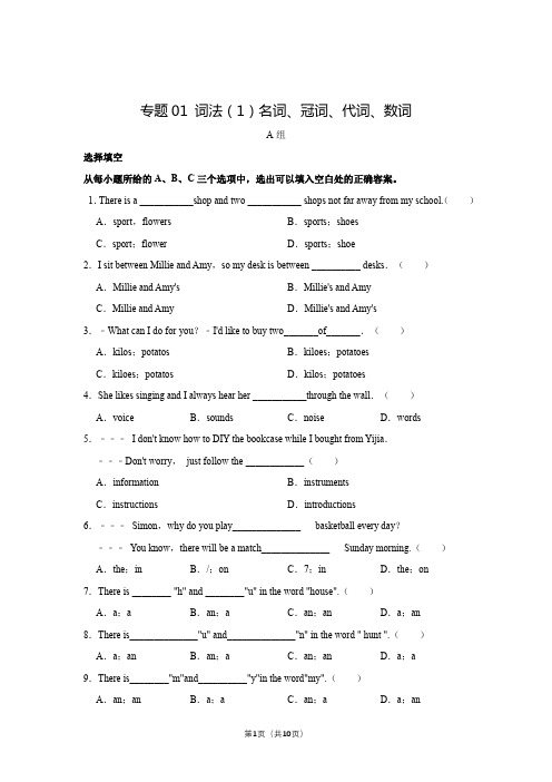 专题01+词法(1)名词、冠词、代词、数词+(精练)