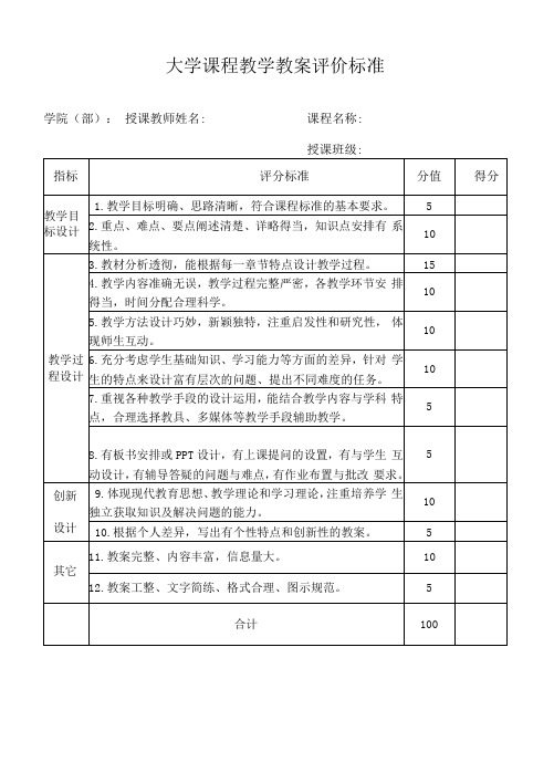 大学课程教学教案评价标准