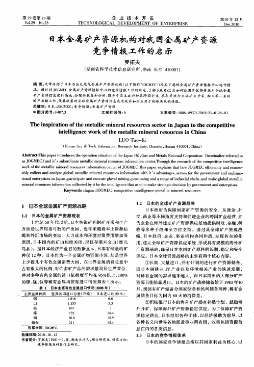 日本金属矿产资源机构对我国金属矿产资源竞争情报工作的启示