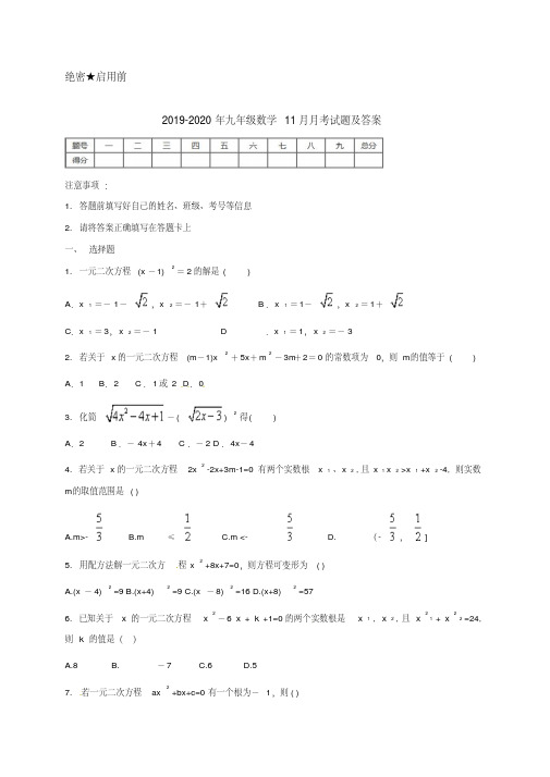 2019-2020年九年级数学11月月考试题及答案