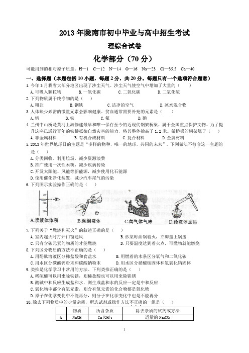 2013年甘肃省陇南市中考化学试题