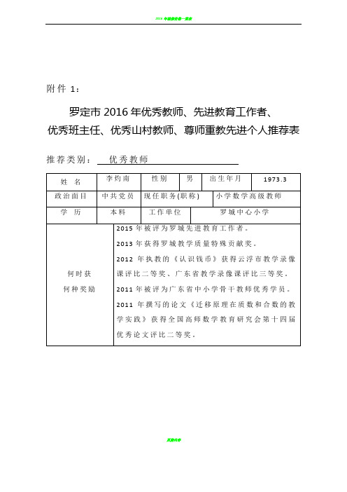 2016年评选优秀教师附件表格