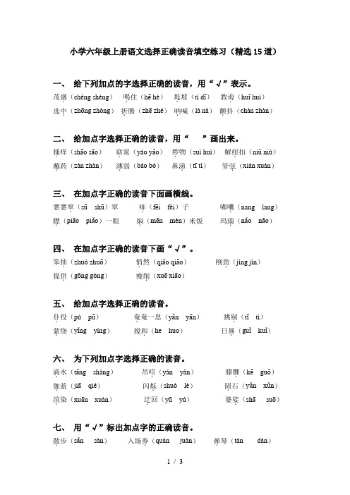 小学六年级上册语文选择正确读音填空练习(精选15道)