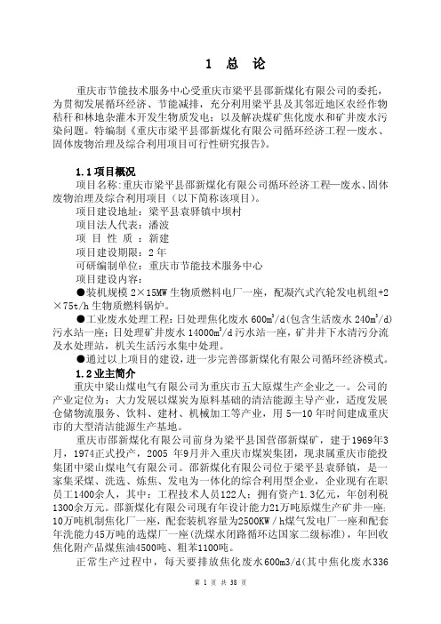 重庆市梁平县邵新煤化有限公司循环经济工程—废水、固体废物治理及综合利用项目可行性研究报告