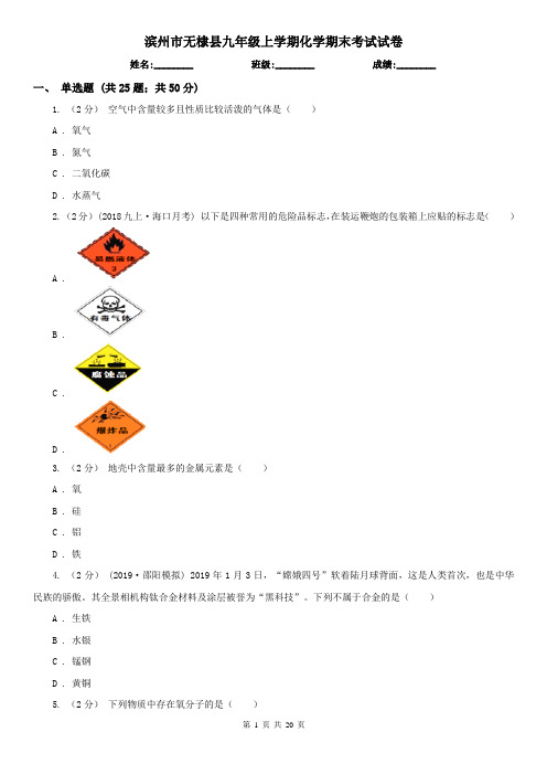 滨州市无棣县九年级上学期化学期末考试试卷