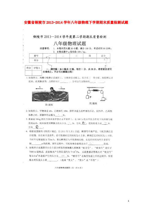 安徽省铜陵市2013-2014学年八年级物理下学期期末质量检测试题