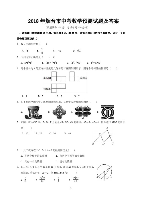 2018年烟台市中考数学预测试题及答案