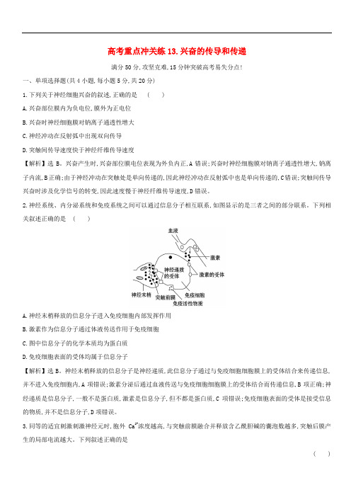 2019版高考生物二轮复习高考重点冲关练13兴奋的传导和传递(含答案)