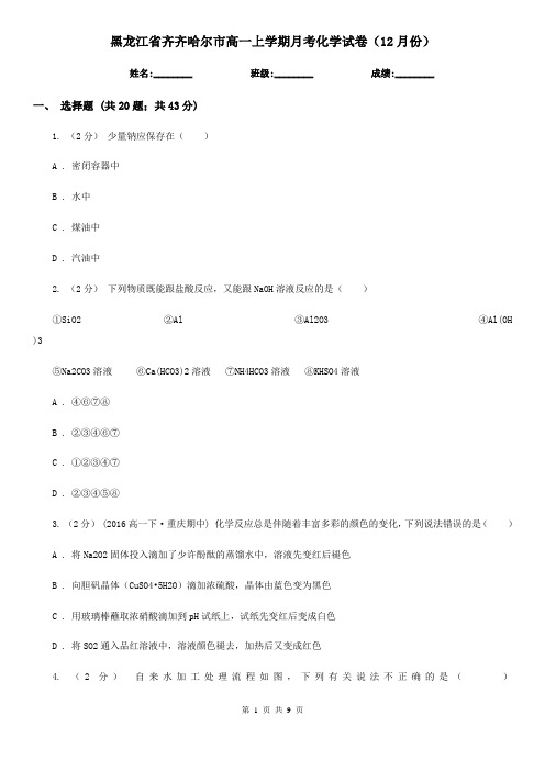 黑龙江省齐齐哈尔市高一上学期月考化学试卷(12月份)