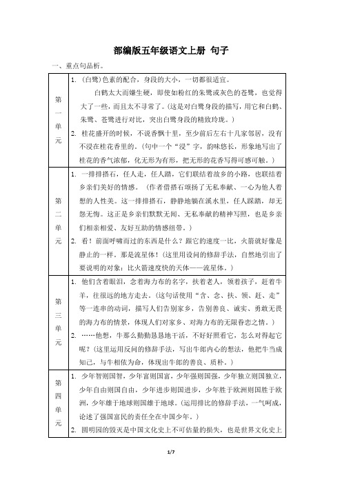 部编版五年级语文上册期末《句子》专项训练附答案