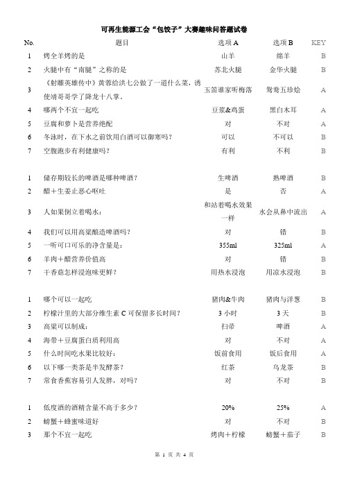 可再生能源工会包饺子大赛趣味问答题试卷