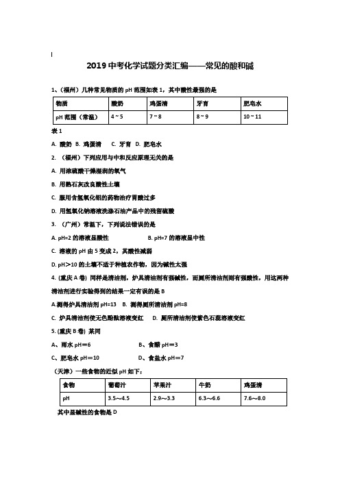 【附20套名校中考真题】2019年全国各地中考化学试题分类汇编：常见的酸和碱(含答案)