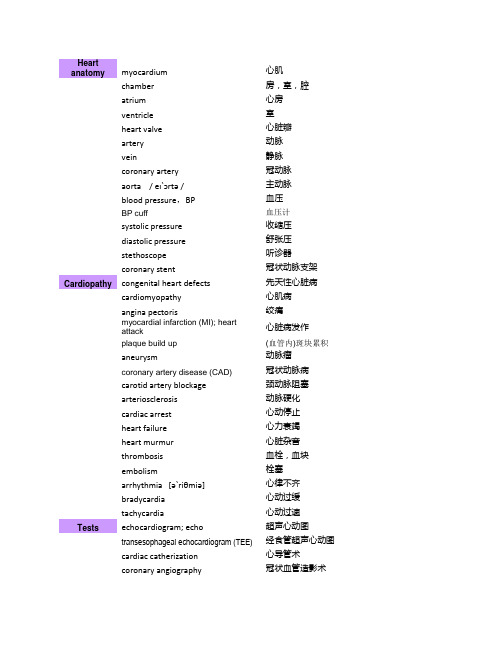 心脏科常用英文词汇