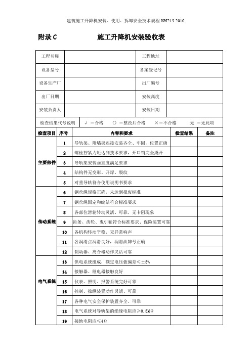 最新 2010规范  人货梯使用前验收表