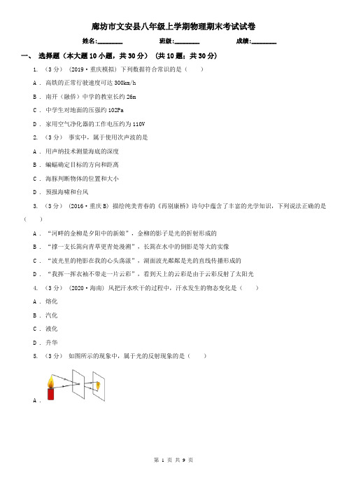 廊坊市文安县八年级上学期物理期末考试试卷