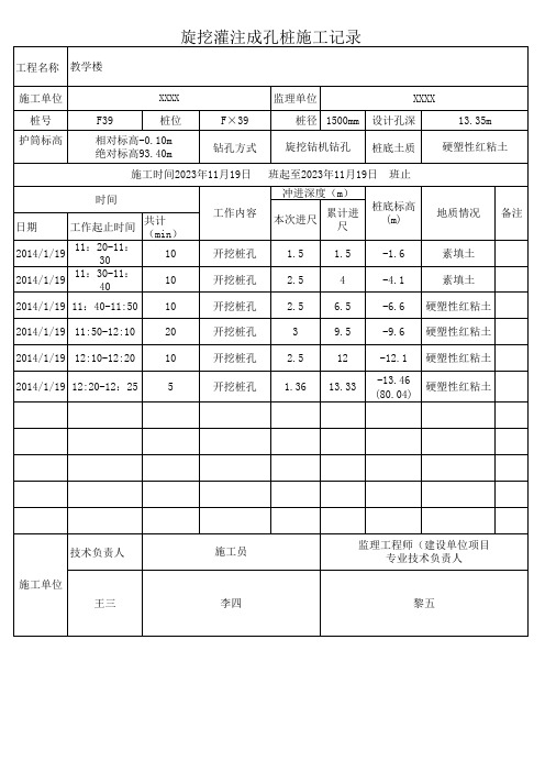 旋挖灌注成孔桩施工记录