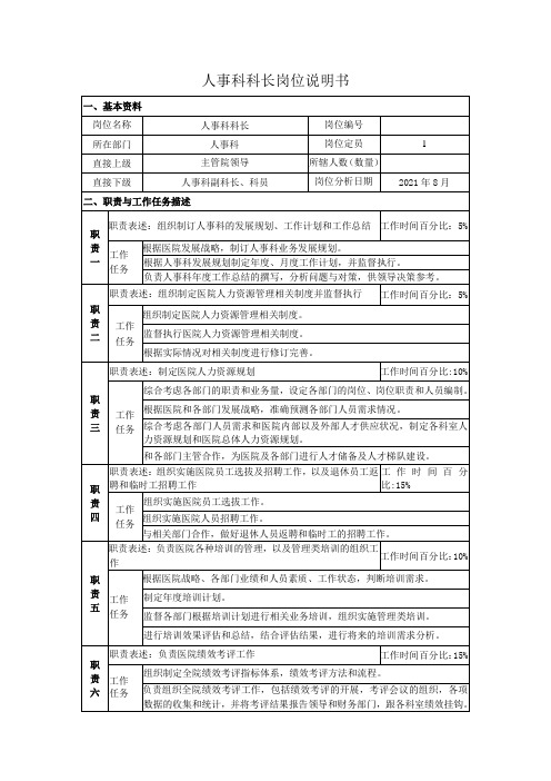 人事科科长岗位说明书