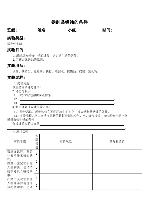 实验6--铁制品锈蚀的条件-初中化学实验报告