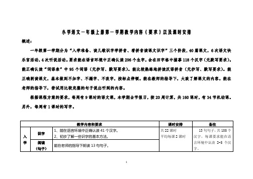 一年级语文第一册教学内容(要求)以及课时安排