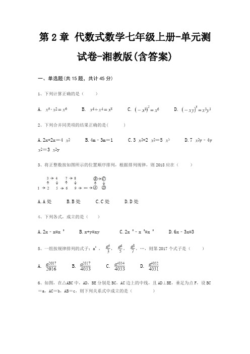 第2章 代数式数学七年级上册-单元测试卷-湘教版(含答案)