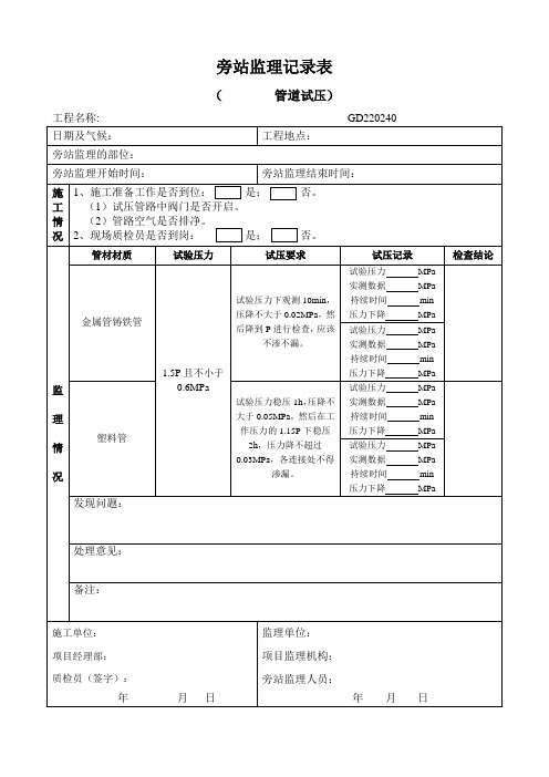 消防工程监理旁站记录范本