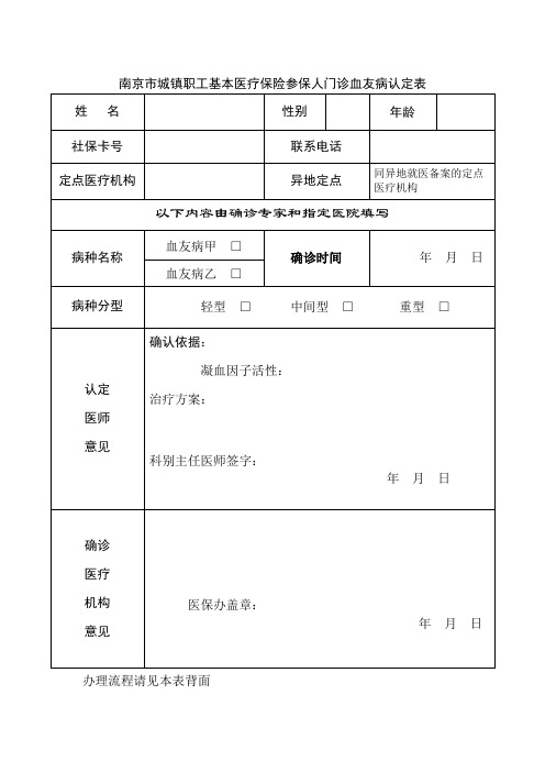 南京市城镇职工基本医疗保险参保人门诊血友病认定表