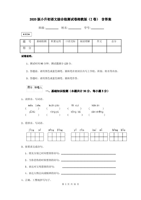 2020版小升初语文综合检测试卷湘教版(I卷) 含答案