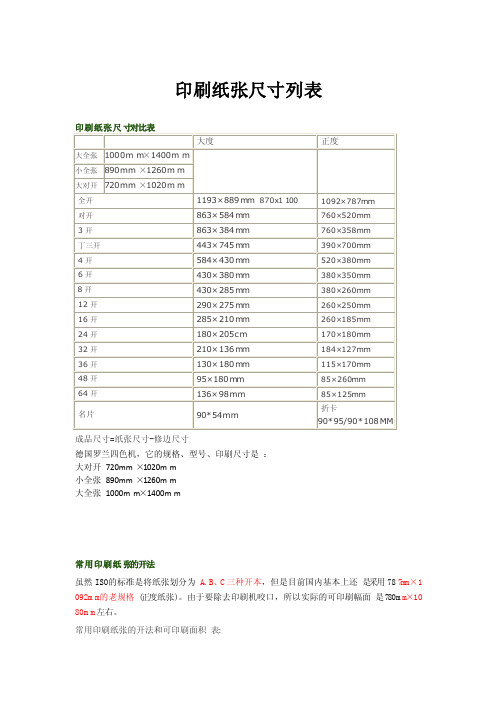 各种产品印刷尺寸各种印刷尺寸一览表