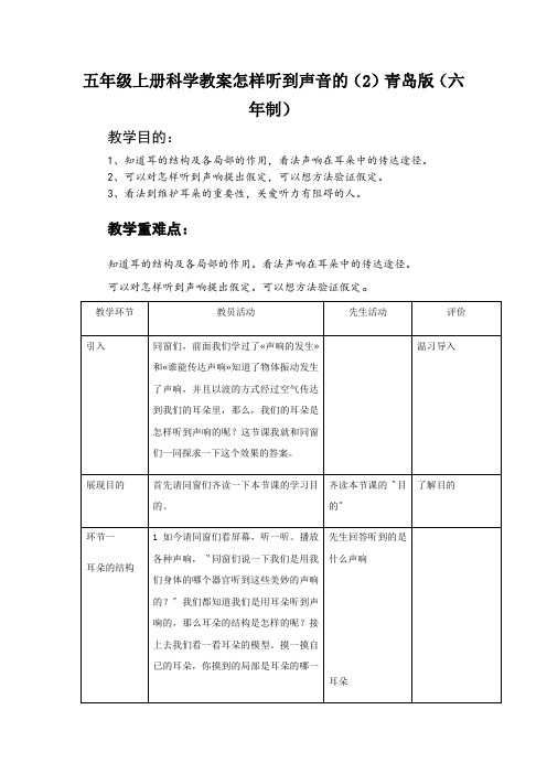 五年级上册科学教案怎样听到声音的(2)青岛版(六年制)