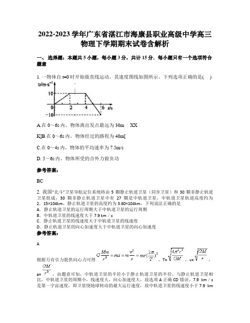 2022-2023学年广东省湛江市海康县职业高级中学高三物理下学期期末试卷含解析