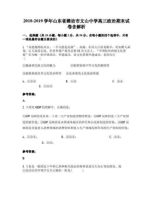 2018-2019学年山东省潍坊市文山中学高三政治期末试卷含解析