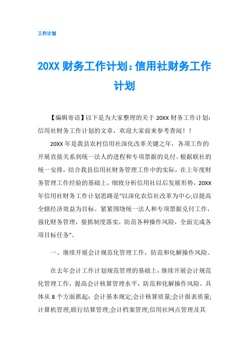 20XX财务工作计划：信用社财务工作计划