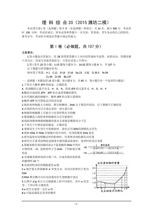 山东省潍坊市2015届高三第二次模拟考试理综试题 Word版含答案(DOC)