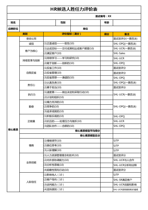 HR候选人胜任力评价表