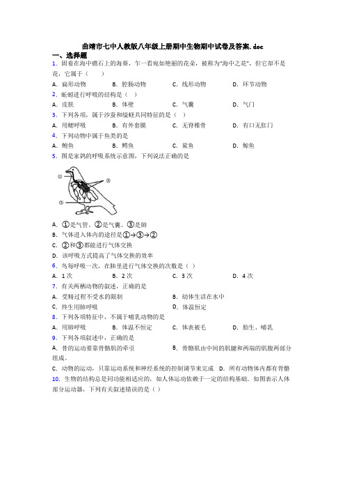 曲靖市七中人教版八年级上册期中生物期中试卷及答案.doc