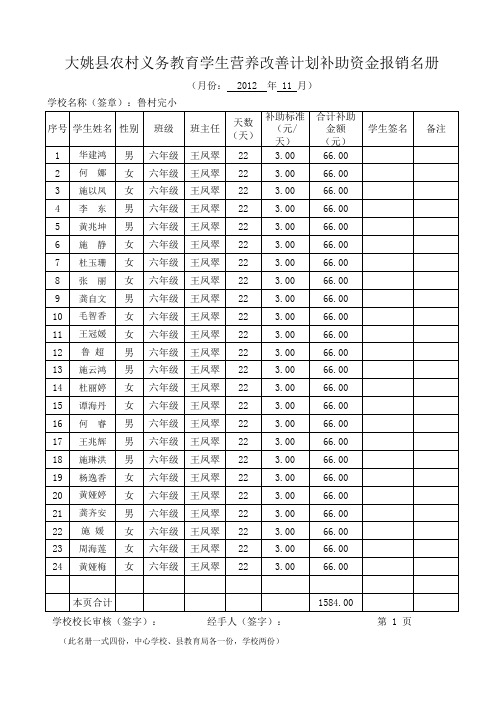 11月补助资金报销名册