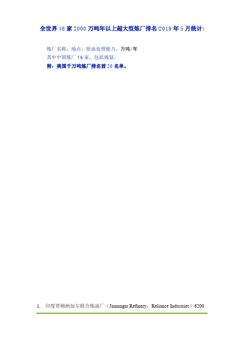 全世界46家2000万吨年以上超大型炼厂排名(2019年5月统计)