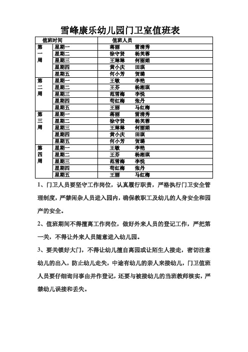 雪峰康乐幼儿园门卫室值班表