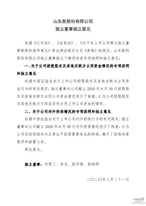 胜利股份:独立董事独立意见