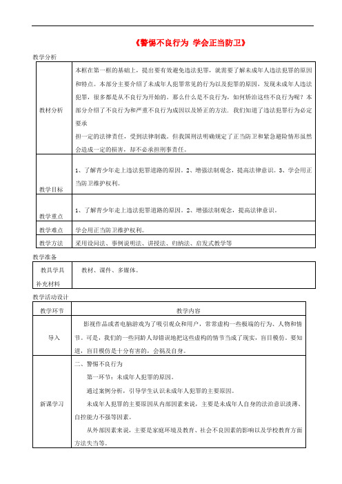 【人民版】八年级道德与法治上册教案：第十一课_对违法说“不”_第2框_警惕不良行为学会正当防卫