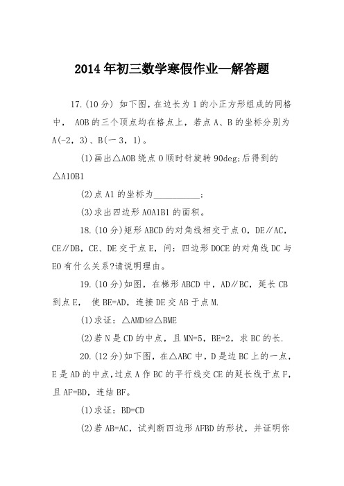 2014年初三数学寒假作业—解答题