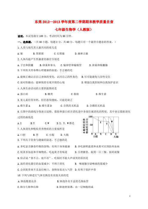 广东省东莞市学七年级生物第二学期期末教学质量自查试题 新人教版