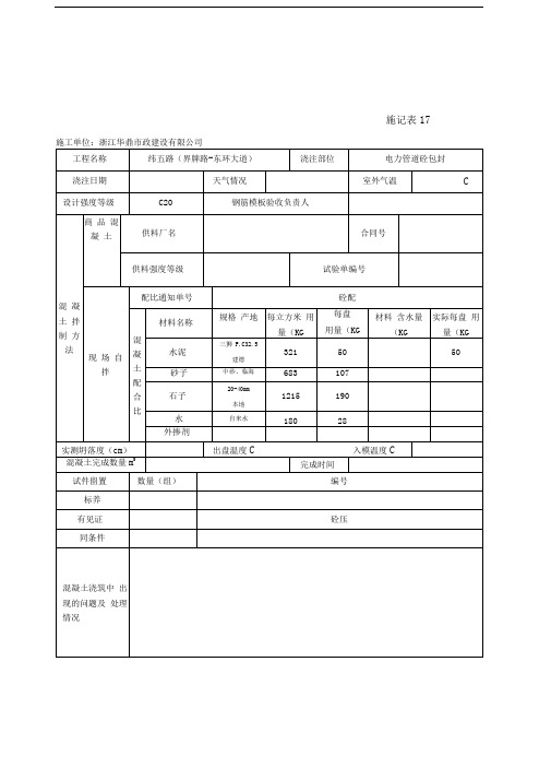 混凝土浇筑记录施工日记表