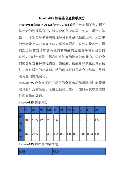 Incoloy825铁镍铬合金化学成分